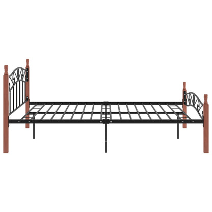 Bed Frame Black Metal And Solid Oak Wood 140X200 Cm