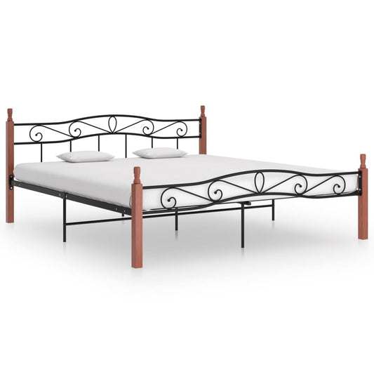 Bed Frame Black Metal And Solid Oak Wood 200X200 Cm