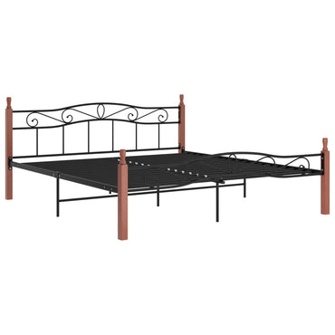 Bed Frame Black Metal And Solid Oak Wood 200X200 Cm