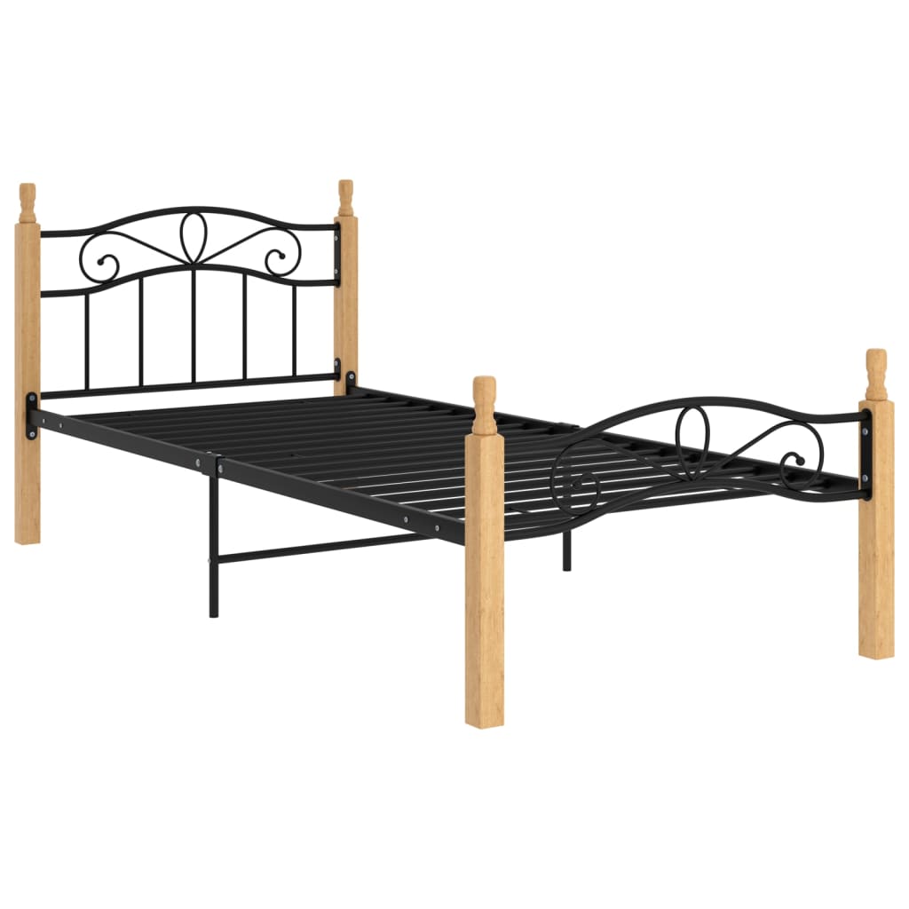 Bed Frame Black Metal And Solid Oak Wood 100X200 Cm