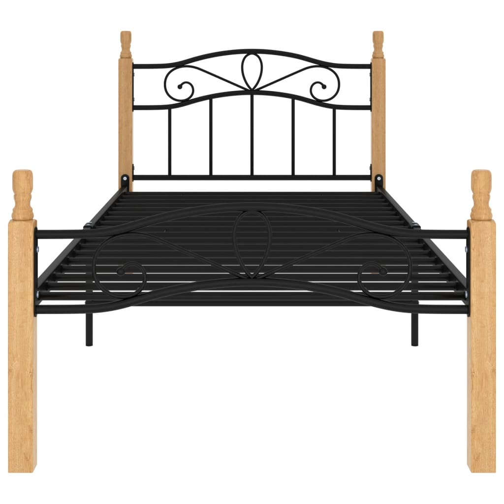 Bed Frame Black Metal And Solid Oak Wood 100X200 Cm