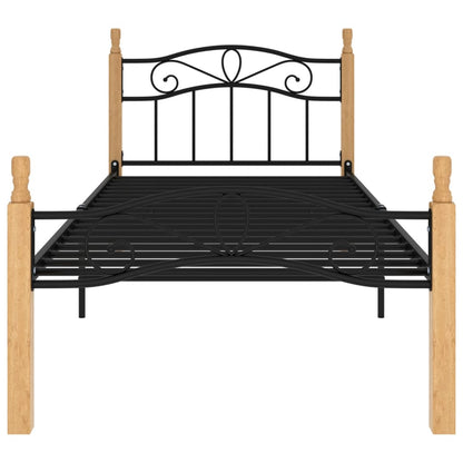 Bed Frame Black Metal And Solid Oak Wood 100X200 Cm