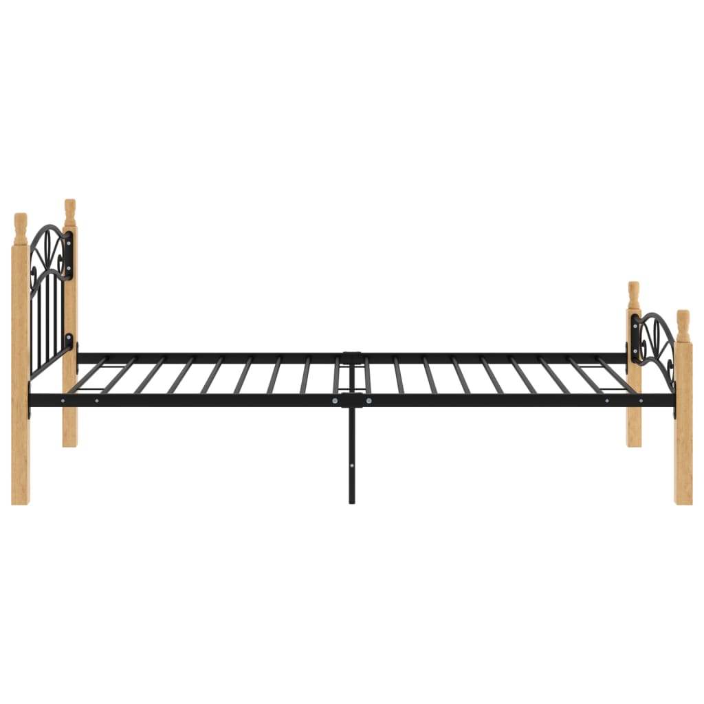 Bed Frame Black Metal And Solid Oak Wood 100X200 Cm