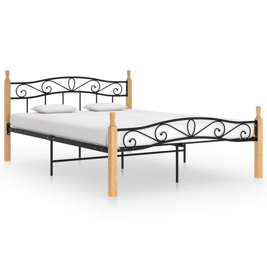 Bed Frame Without Mattress Black Metal&Solid Oak Wood 140X200 Cm