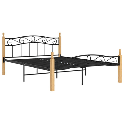 Bed Frame Without Mattress Black Metal&Solid Oak Wood 140X200 Cm