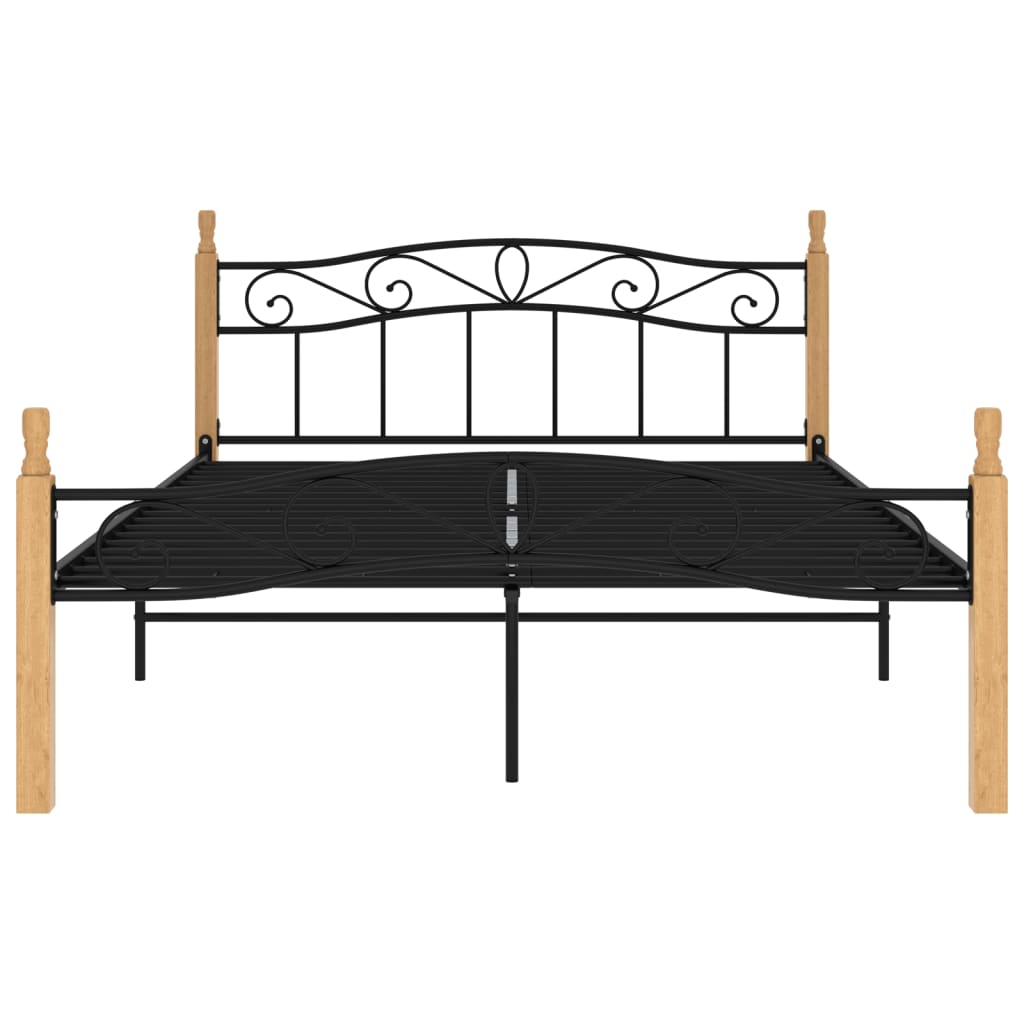 Bed Frame Without Mattress Black Metal&Solid Oak Wood 140X200 Cm