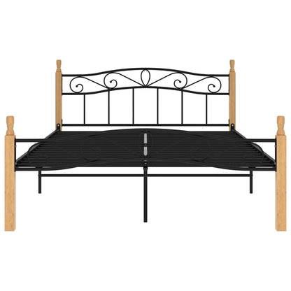 Bed Frame Without Mattress Black Metal&Solid Oak Wood 140X200 Cm