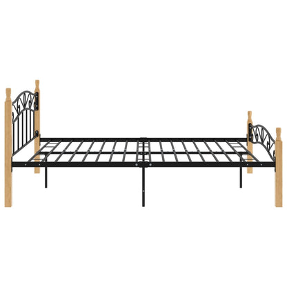 Bed Frame Without Mattress Black Metal&Solid Oak Wood 140X200 Cm