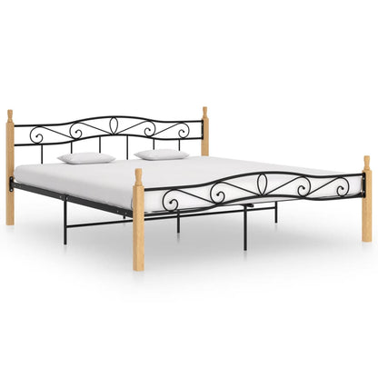 Bed Frame Black Metal And Solid Oak Wood 180X200 Cm Super King