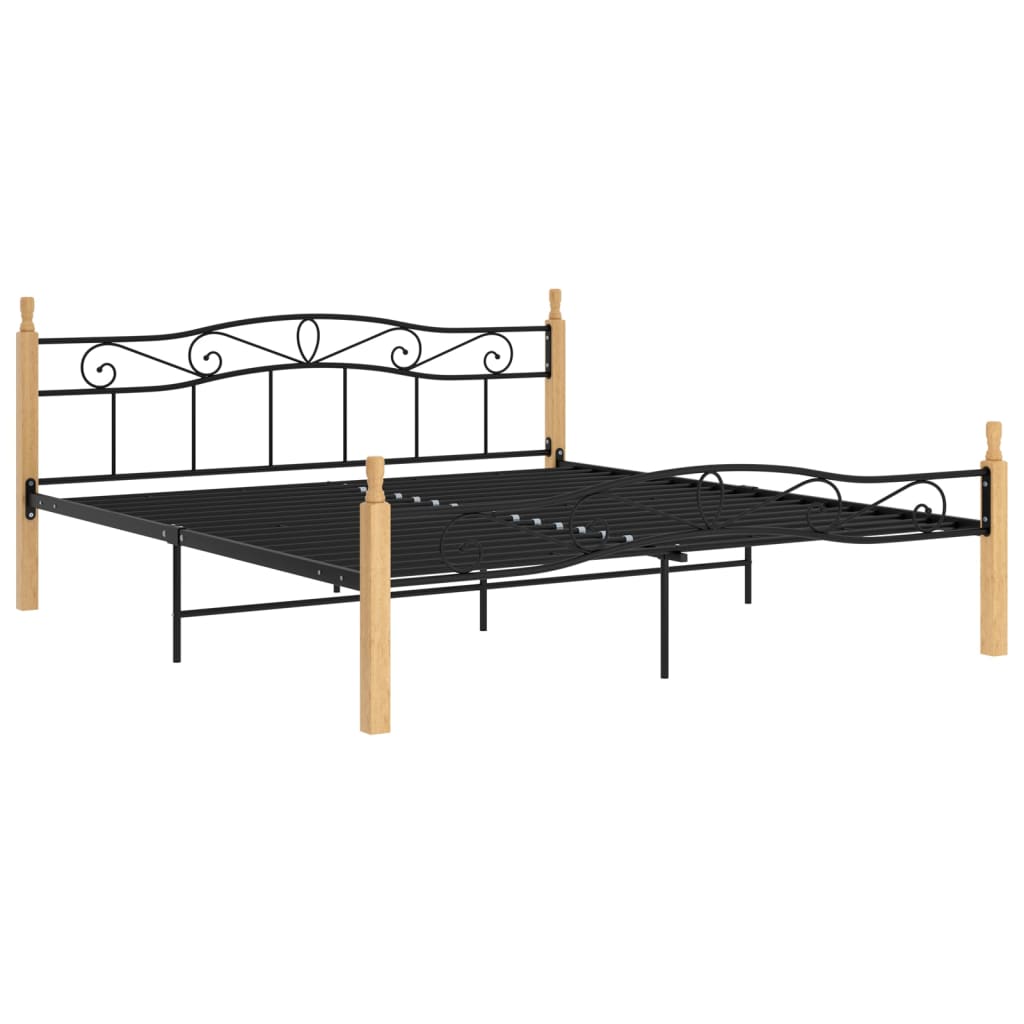 Bed Frame Black Metal And Solid Oak Wood 180X200 Cm Super King