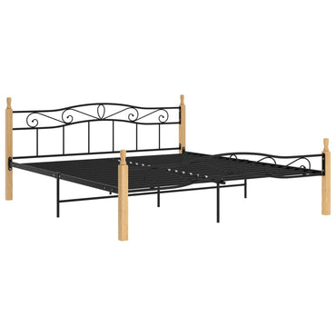 Bed Frame Black Metal And Solid Oak Wood 180X200 Cm Super King