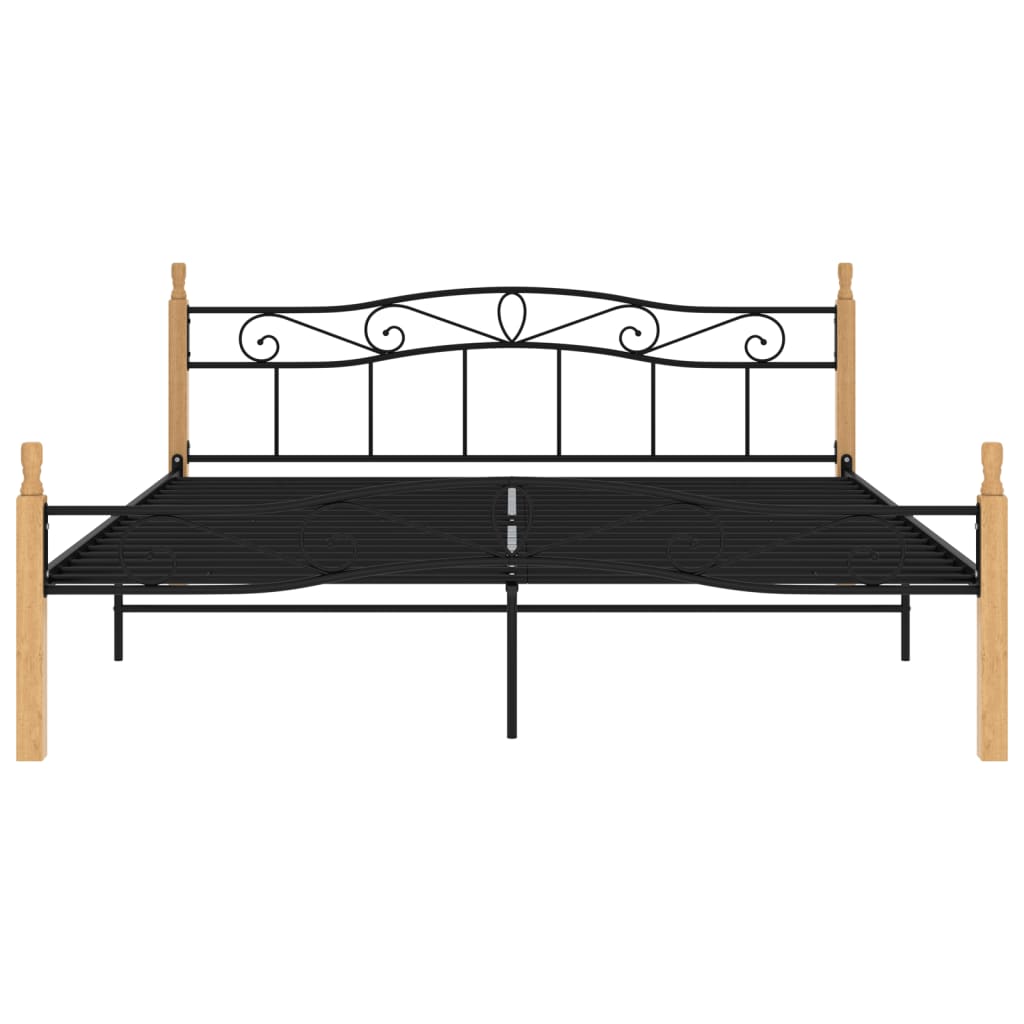 Bed Frame Black Metal And Solid Oak Wood 180X200 Cm Super King