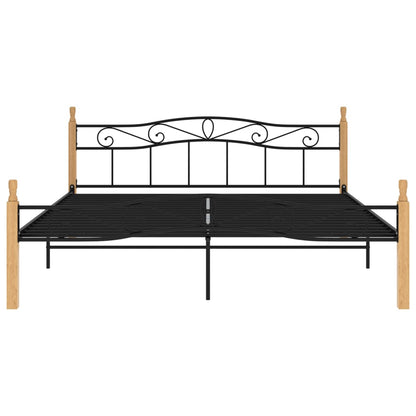 Bed Frame Black Metal And Solid Oak Wood 180X200 Cm Super King