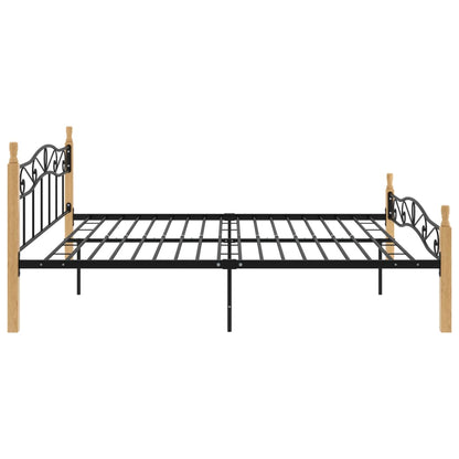 Bed Frame Black Metal And Solid Oak Wood 180X200 Cm Super King