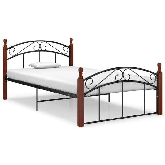 Bed Frame Without Mattress Black Metal&Solid Oak Wood 120X200 Cm