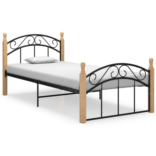 Bed Frame Black Metal And Solid Oak Wood 90X200 Cm