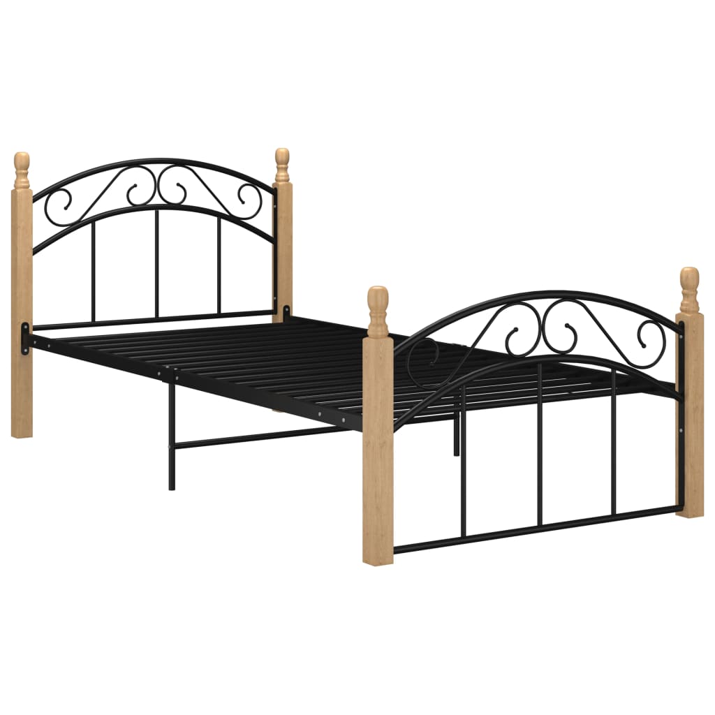 Bed Frame Black Metal And Solid Oak Wood 90X200 Cm