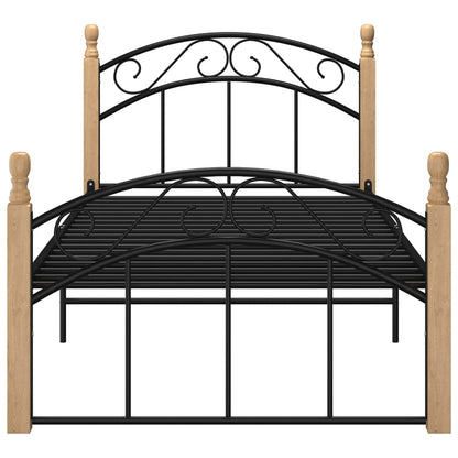 Bed Frame Black Metal And Solid Oak Wood 90X200 Cm