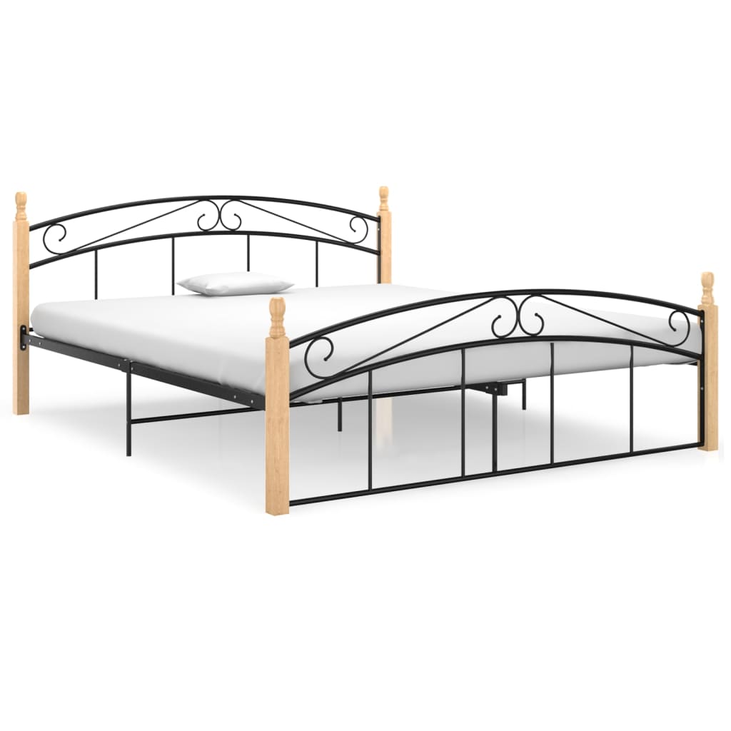 Bed Frame Black Metal And Solid Oak Wood 160X200 Cm