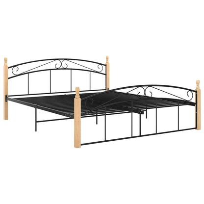 Bed Frame Black Metal And Solid Oak Wood 160X200 Cm