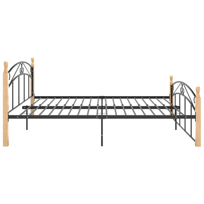 Bed Frame Black Metal And Solid Oak Wood 160X200 Cm