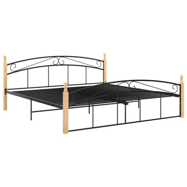 Bed Frame Without Mattress Black Metal&Solid Oak Wood 180X200 Cm Super King