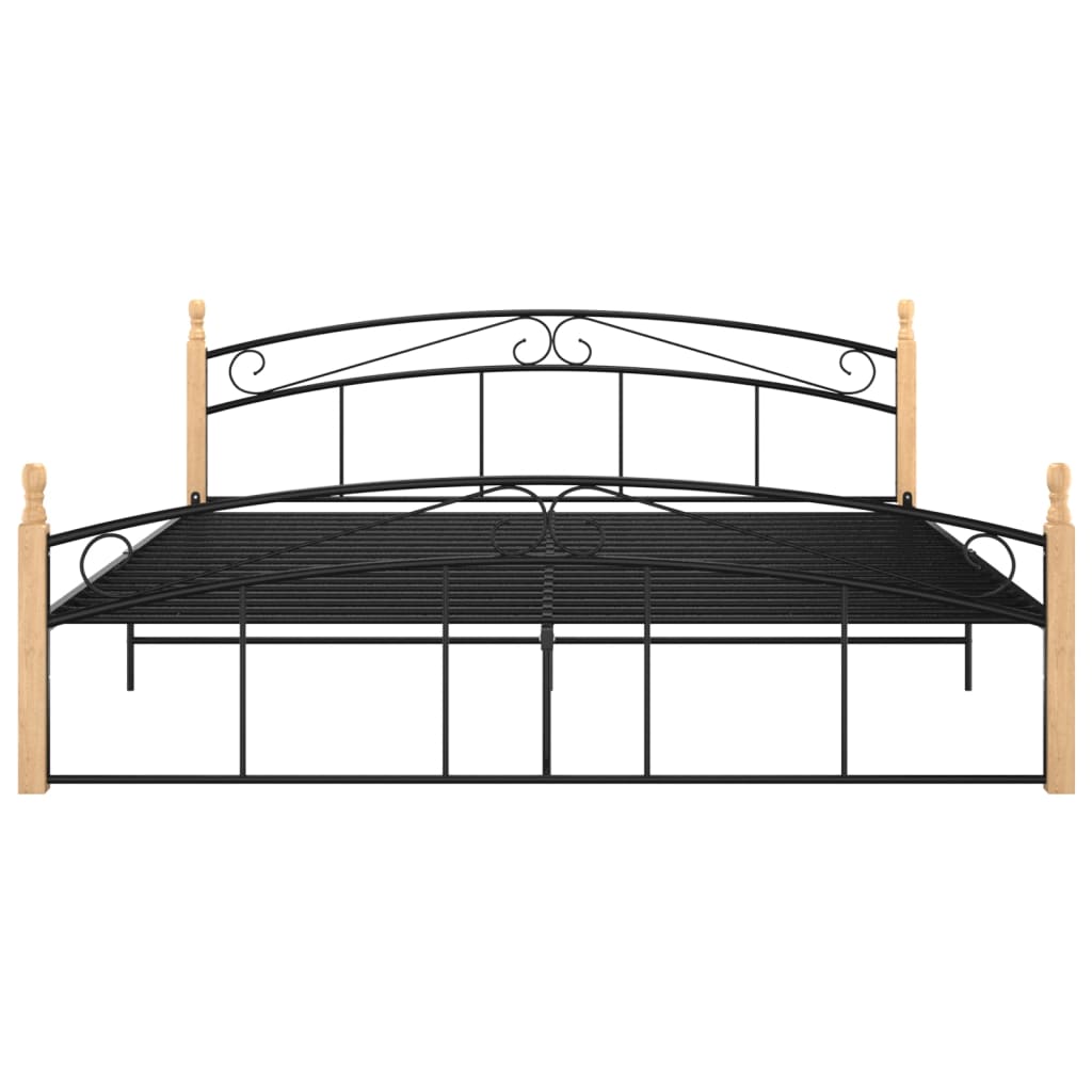 Bed Frame Without Mattress Black Metal&Solid Oak Wood 180X200 Cm Super King