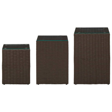 Side Tables 3 Pcs With Glass Top Brown Poly Rattan