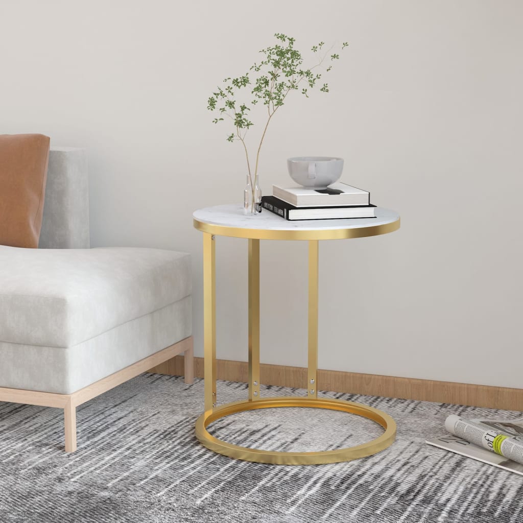 Side Table Gold And White Marble 45 Cm Tempered Glass