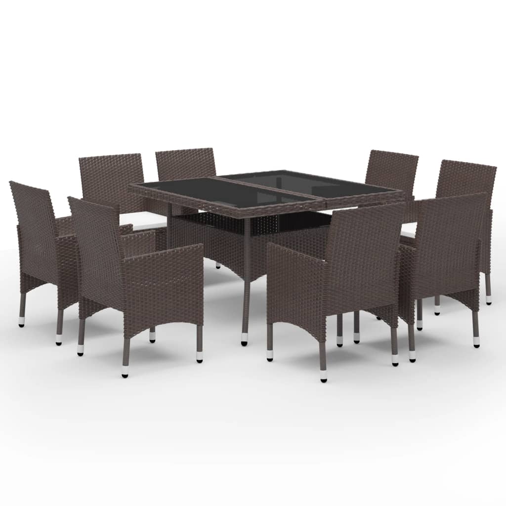 9 Piece Garden Dining Set Poly Rattan And Tempered Glass Brown