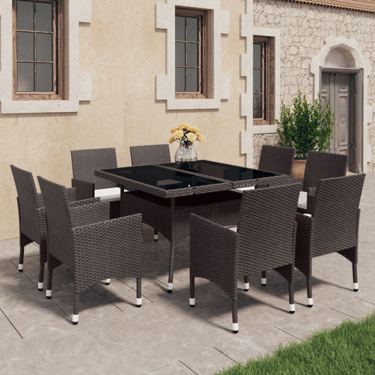 9 Piece Garden Dining Set Poly Rattan And Tempered Glass Brown