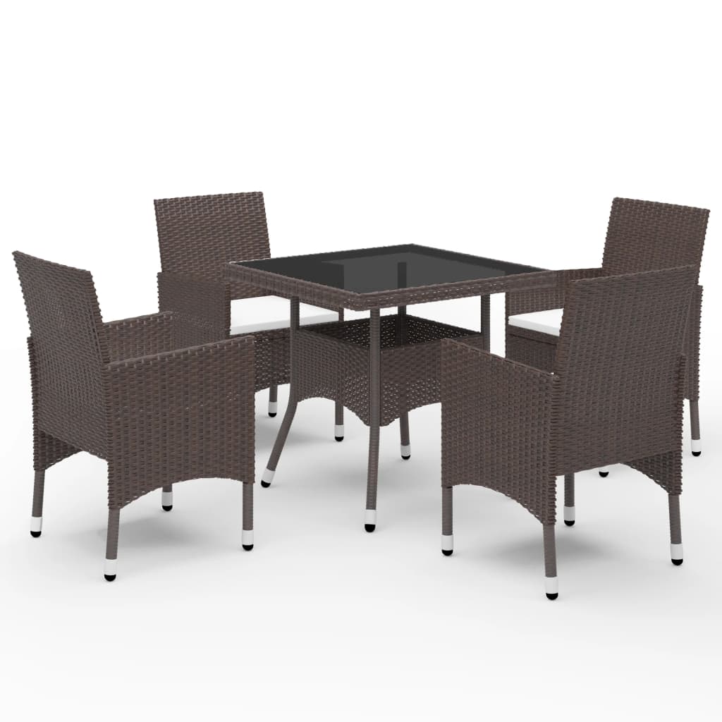 5 Piece Garden Dining Set Poly Rattan And Tempered Glass Brown