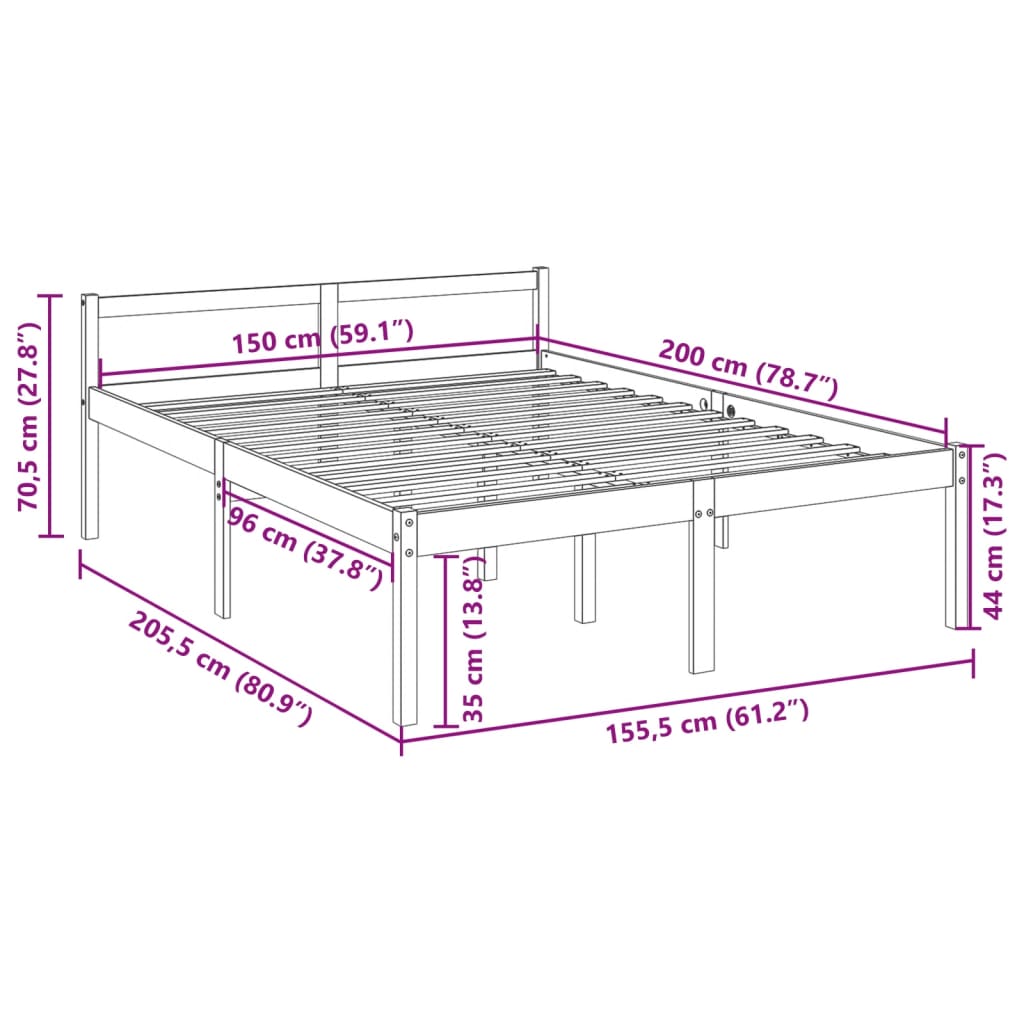 Bed Frame White 150X200 Cm King Size Solid Wood Pine