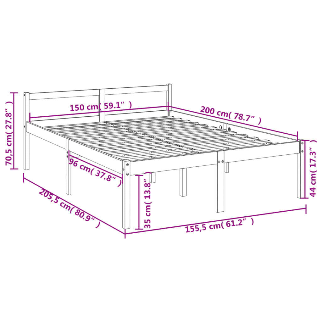 Bed Frame Grey 150X200 Cm King Size Solid Wood Pine