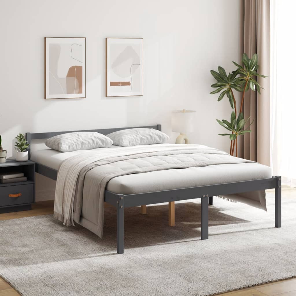 Bed Frame Grey 150X200 Cm King Size Solid Wood Pine