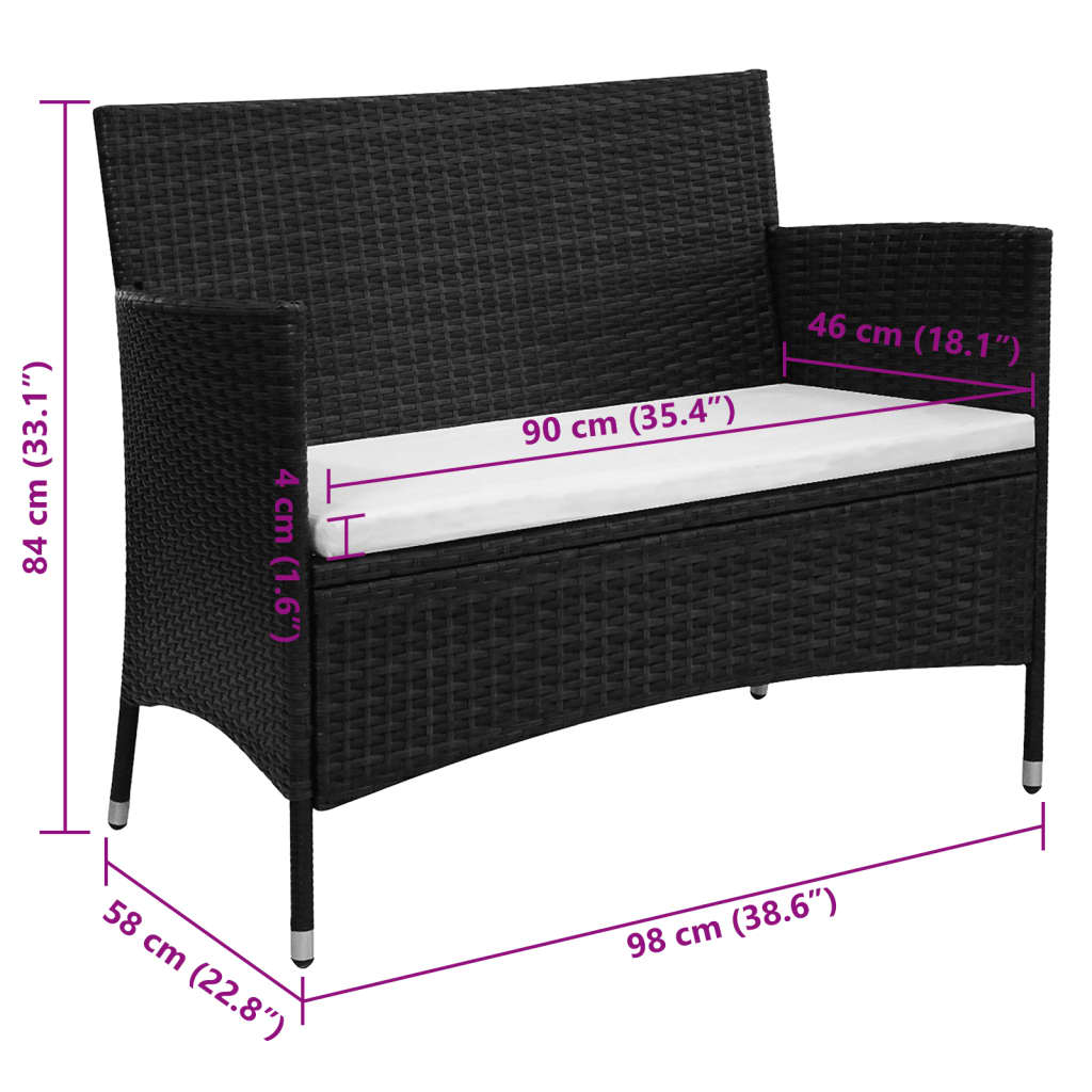 Garden Bench With Cushion Poly Rattan Black