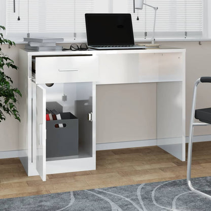 Desk With Drawer&Cabinet High Gloss White 100X40X73 Cm Engineered Wood