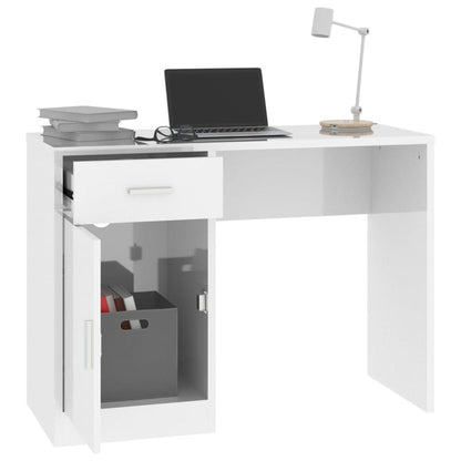 Desk With Drawer&Cabinet High Gloss White 100X40X73 Cm Engineered Wood