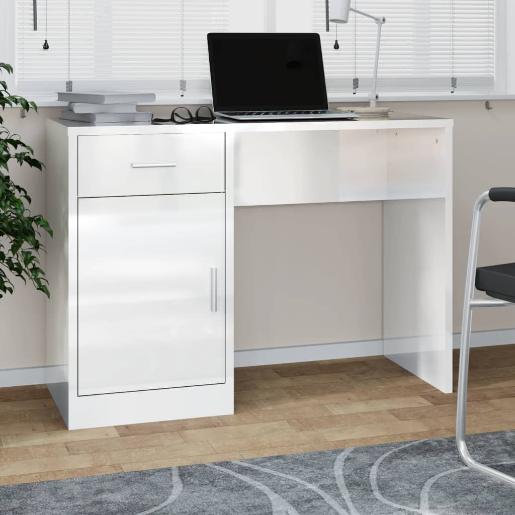 Desk With Drawer&Cabinet High Gloss White 100X40X73 Cm Engineered Wood