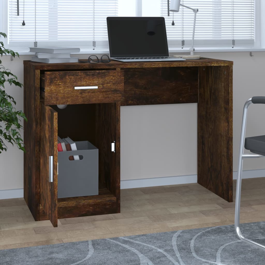 Desk With Drawer&Cabinet Smoked Oak 100X40X73 Cm Engineered Wood