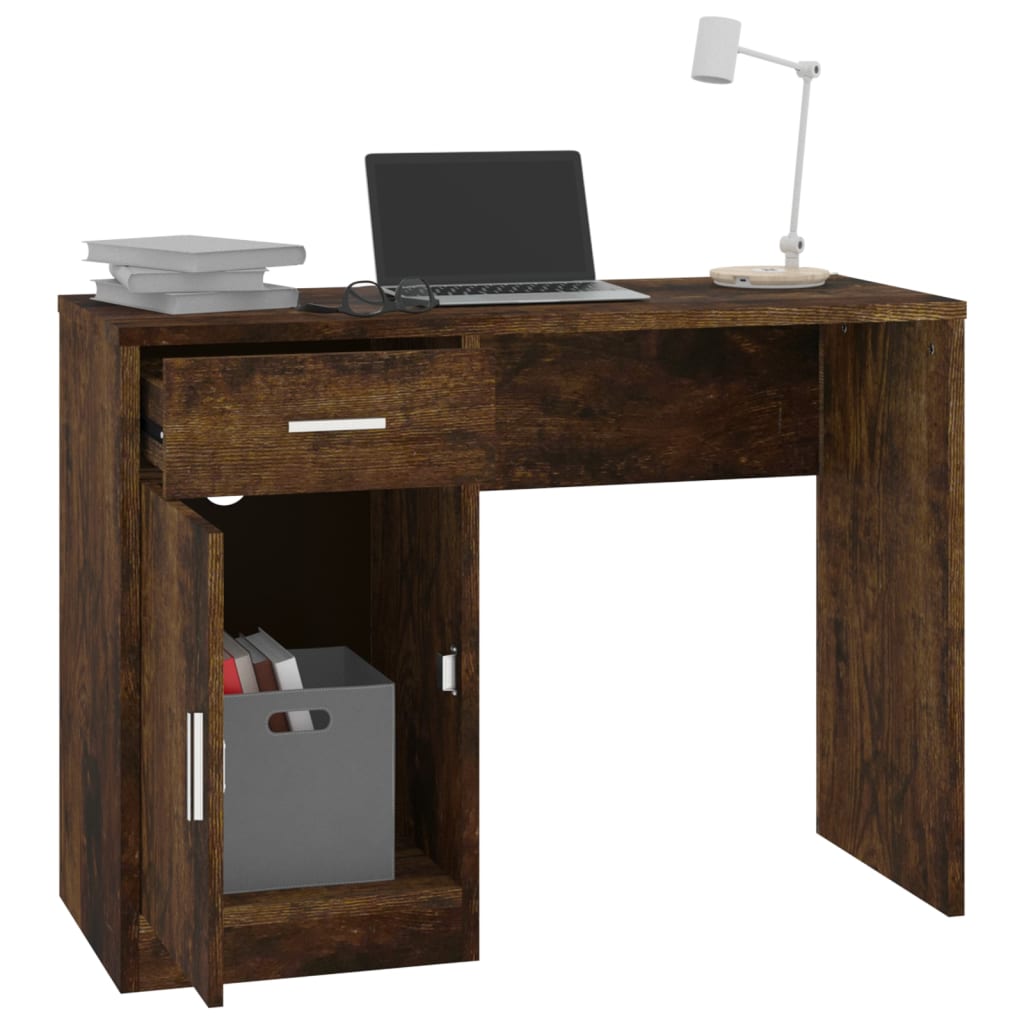 Desk With Drawer&Cabinet Smoked Oak 100X40X73 Cm Engineered Wood