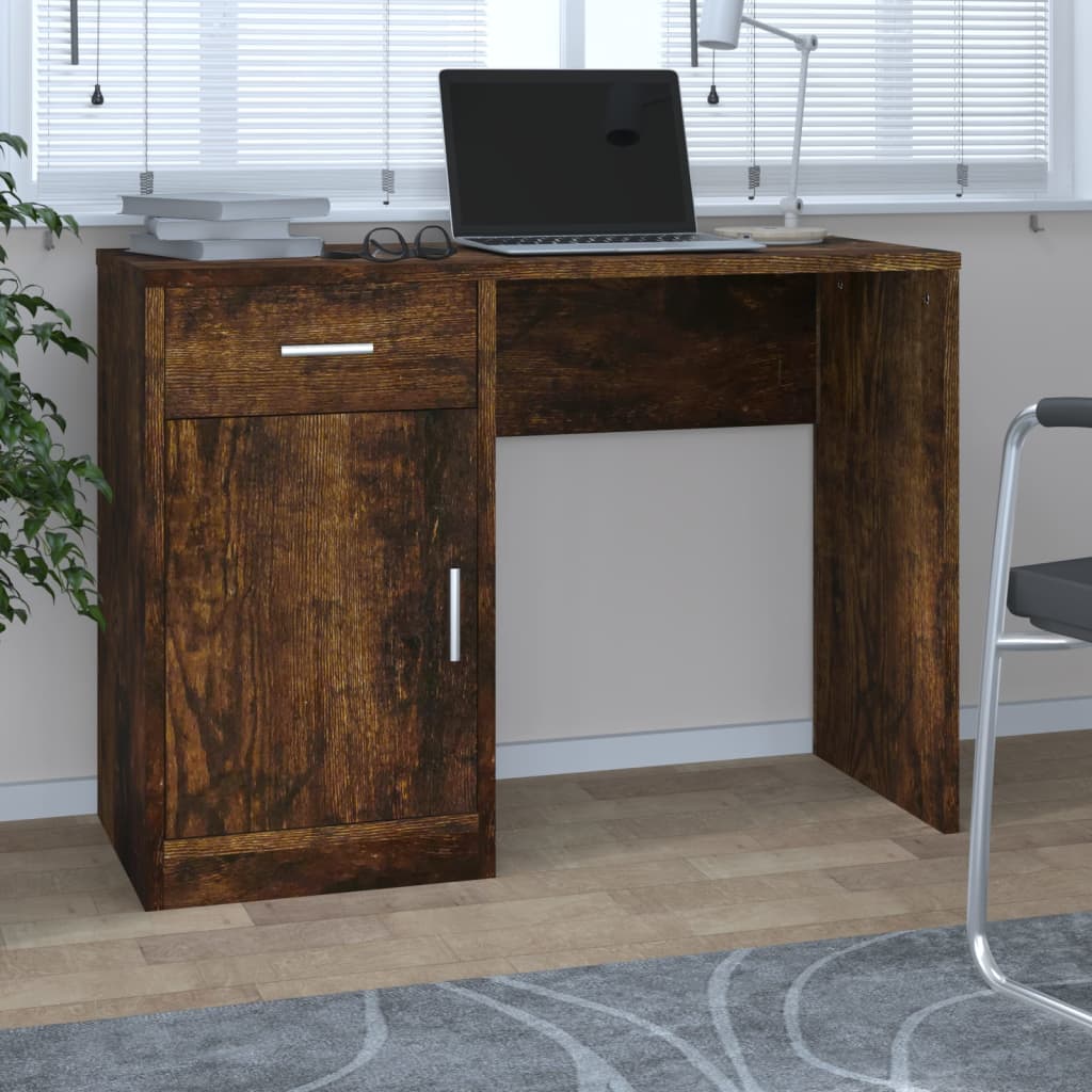 Desk With Drawer&Cabinet Smoked Oak 100X40X73 Cm Engineered Wood