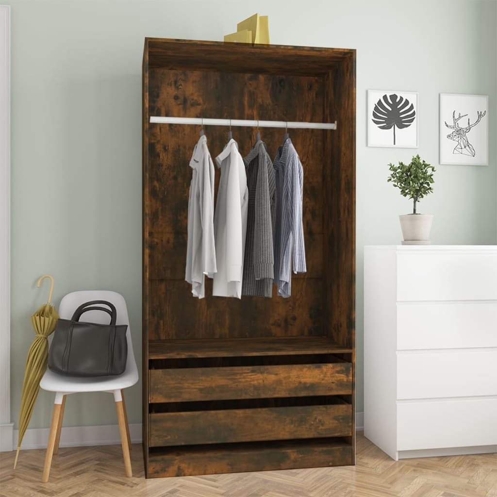 Wardrobe Smoked Oak 100X50X200 Cm Engineered Wood | Hinged | Smoked Oak | Drawers | 2 Doors | 100cm