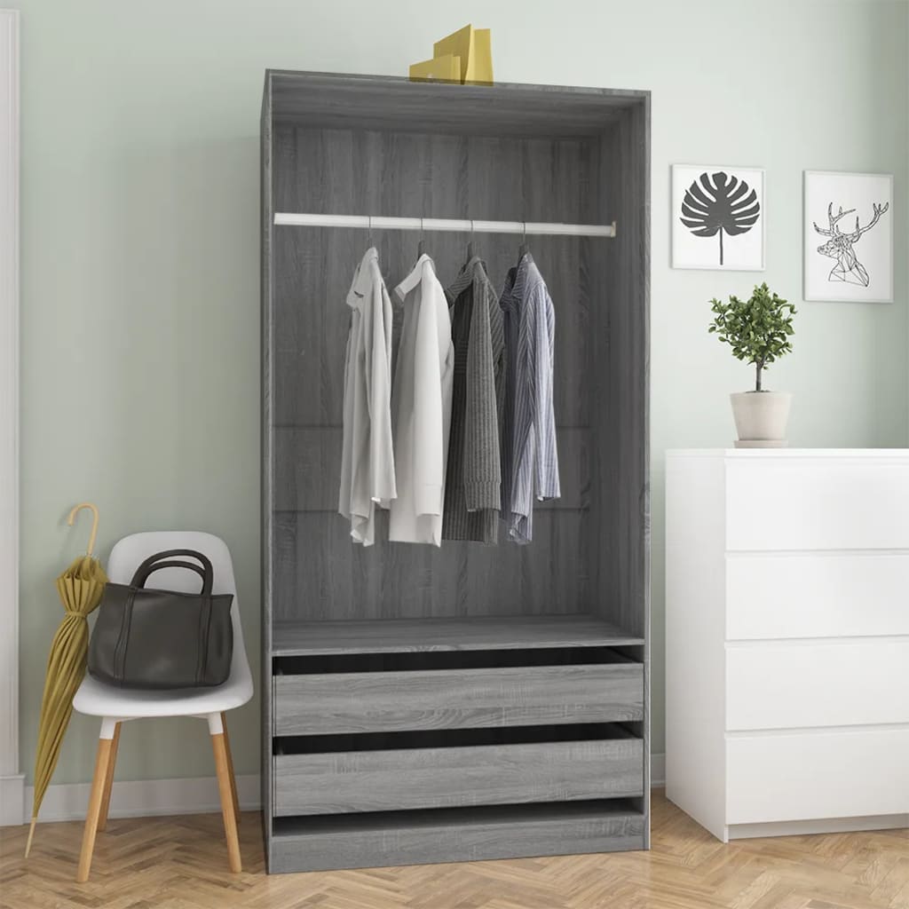 Wardrobe Grey Sonoma | Hinged | Grey | 2 Drawers | 2 Doors | 100cm