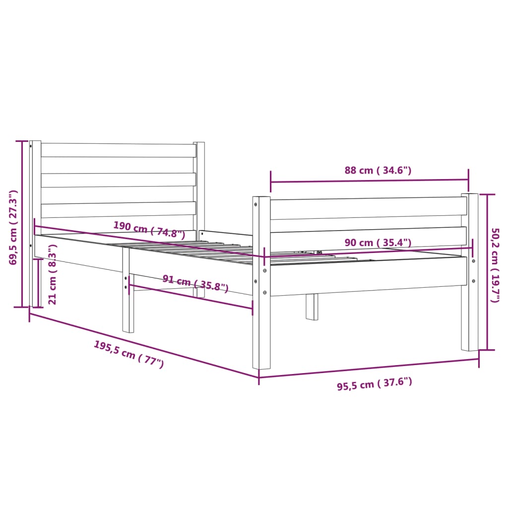 Bed Frame Solid Wood 90X190 Cm Single