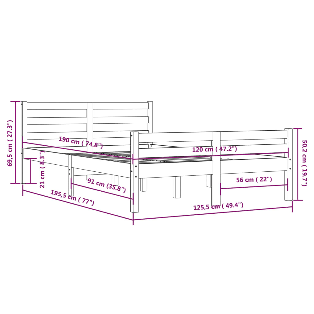 Bed Frame Solid Wood 120X190 Cm Small Double