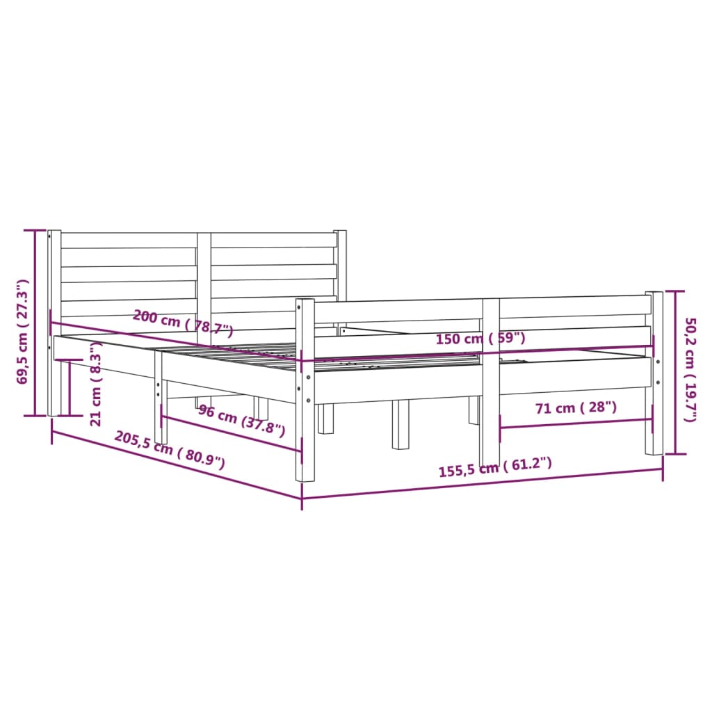 Bed Frame Grey Solid Wood 150X200 Cm King Size