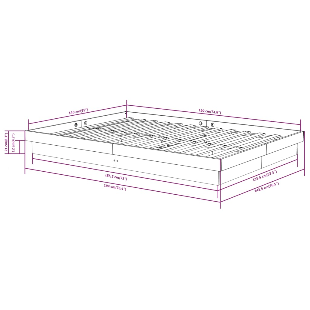 Bed Frame Black Solid Wood Pine 140X190 Cm