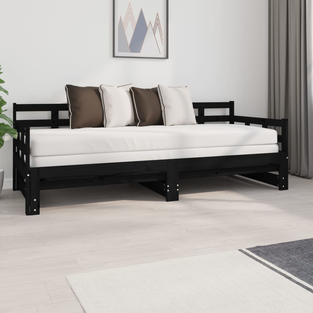 Pull-Out Day Bed Black Solid Wood Pine 2X(80X200) Cm