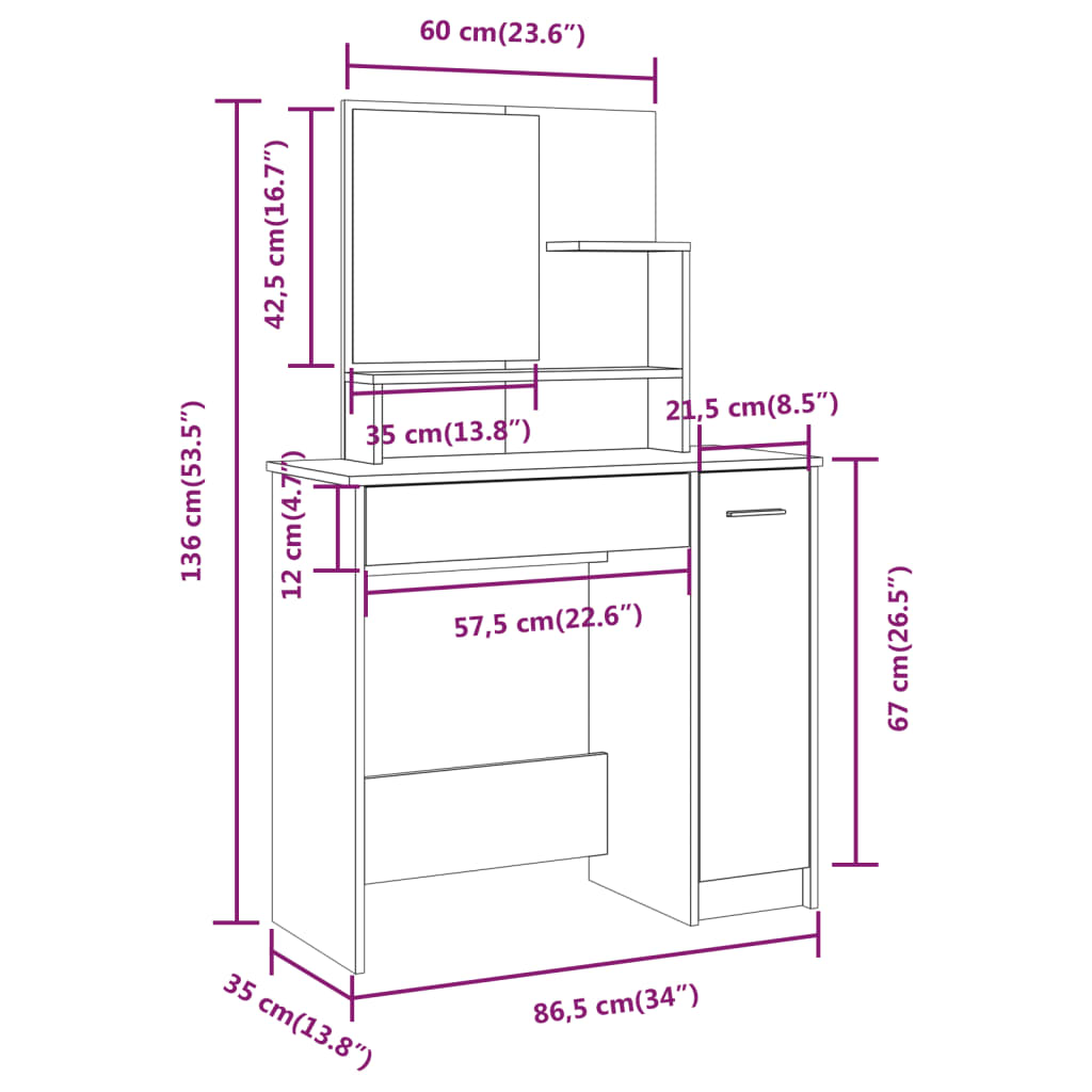 Dressing Table With Mirror Sonoma Oak 86.5X35X136 Cm